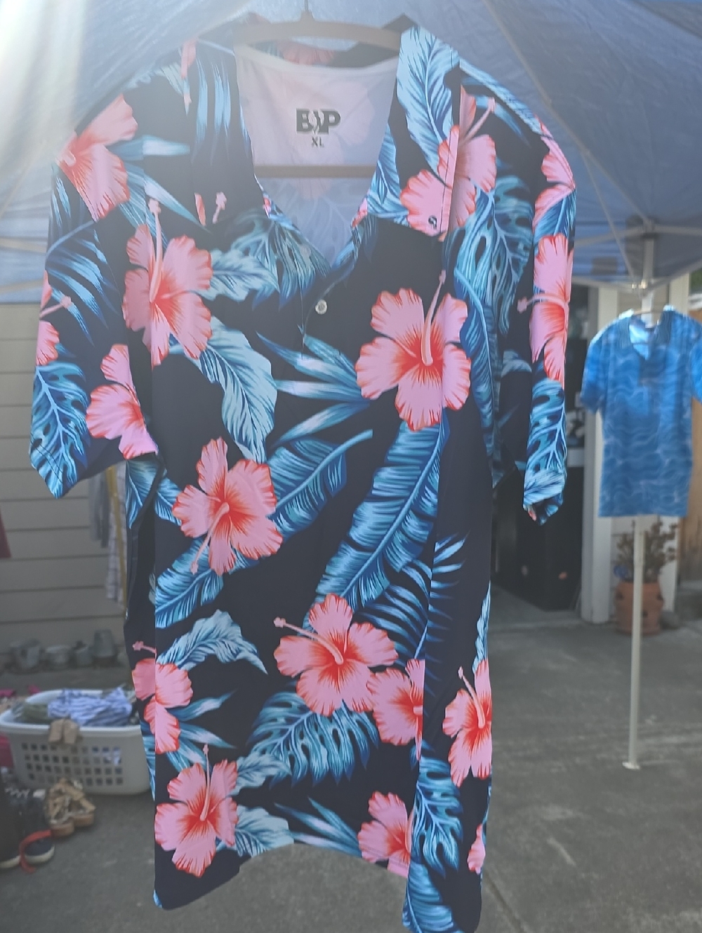 XL Tropical Hibiscus Button-Up Shirt - Pink & Teal on Navy